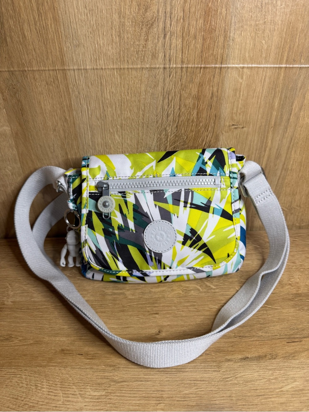 Kipling Yellow White Graphic Crossbody with Monkey Charm